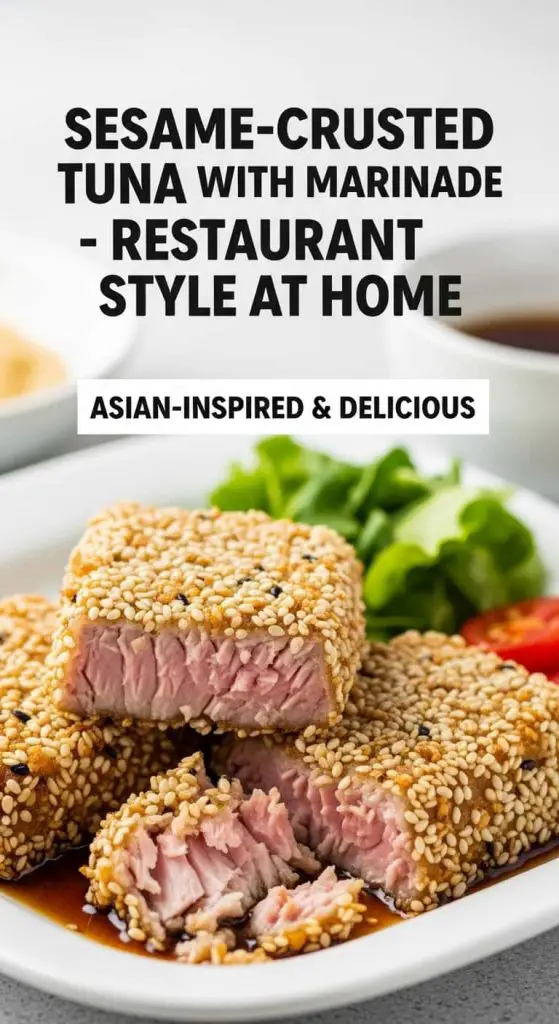 Sesame-crusted tuna with marinade and fresh herbs - Pinterest pin
