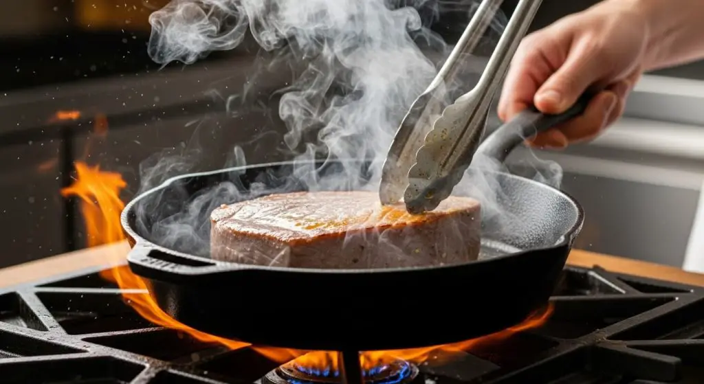 Tuna steak searing in hot skillet with steam rising, showing the high-heat cooking method that makes tuna different from other seafood